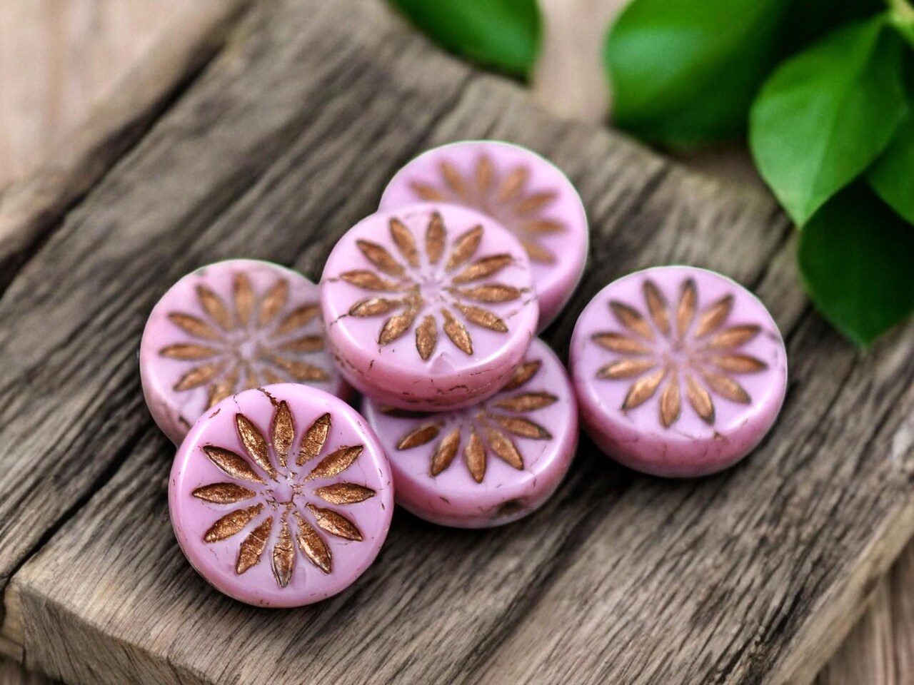 *15* 12mm Dark Bronze Washed Pink Silk Aster Flower Coin Beads